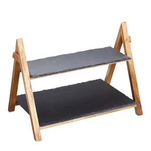 2 Piece Slate & Wood Serving Stand Set