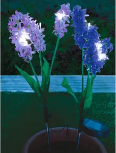 2 x Hyacinth Style Solar Stake Lights - Pink & Purple Flower Shaped Outdoor Garden Lighting Decorations - Each Measure H70cm