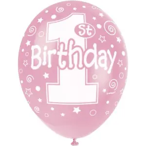 Unique Party Latex Pearlised 1st Birthday Balloons (Pack of 5) Pink/White (One Size)