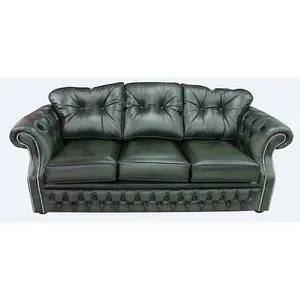 Chesterfield 3 Seater Sofa Settee Antique Green Leather In Era Style