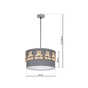 Milagro Mis Grey Pendant Lamp 1XE27 Beautifully Hand Made From Contemporary Grey Fabric With Natural Wooden Teddybears