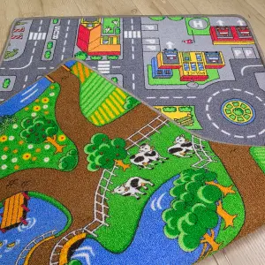 Kids Double Sided Play Mat Roads City Farm Play Room Rug 80x150cm