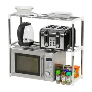 2 Tier Microwave Oven Storage Rack - Stainless Steel Costruction - Space Saver - Extendable - Kitchen Organiser - easy to clean