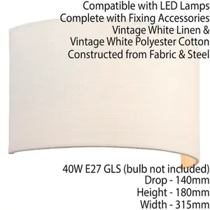 Fabric LED Wall Light Vintage White Semi Circle Linen Shade Sleek Lamp Fitting