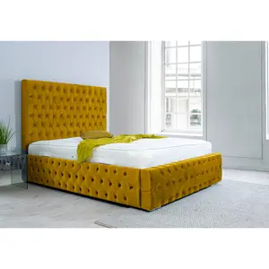 Orella Plush Bed Frame With Chesterfield Headboard - Mustard Gold