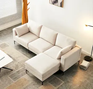 Modern 3 seater Sofas with Ottoman, Fabric Padded Seat Footstool Beige Lenth235cm width 80cm Corner with 2 Pillows