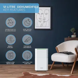 Air Pro 12L/Day Digital Dehumidifier - 2L Tank, Sleep Mode, 24Hr Timer For Home - Quiet Electric Mould, Damp, Condensation Remover