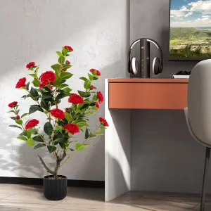 Costway Artificial Camellia Tree Faux Flower Plant Artificial Tree in Cement Pot Greenery Potted Plant Free Maintenance