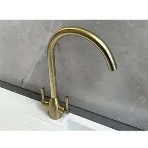 Liquida W05BG Swan Neck Monobloc Twin Lever Brushed Gold Kitchen Mixer Tap