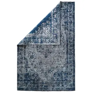 Grey Blue Distressed Traditional Medallion Reversible Chenille Living Area Rug 115x170cm