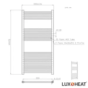 Towel Radiator Rail 1200 x 600 for Central Heating with White Finish