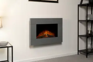 Adam Carina Electric Wall Mounted Fire with Logs & Remote Control in Satin Grey, 32 Inch