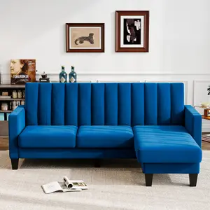 Sectional Couch Velvet L Shaped 3 Seat Blue Sofa with Chaise