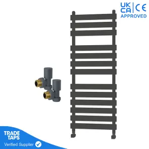 Designer Marvella Anthracite Flat Panel Towel Radiator Heated Ladder Rail - 1300 x 500mm - Angled Manual Round Valve Pair