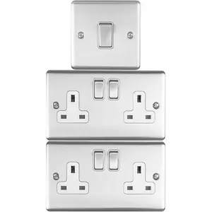 SATIN STEEL Bedroom Socket & Switch Set- 1x Light & 2x Double UK Power Sockets