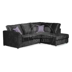 Crystal Crushed Velvet Fabric 3 to 4 Seater L Shaped Corner Sofa Black Right Hand Facing - Full Back