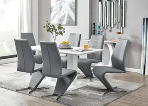 Imperia White High Gloss 6 Seater Dining Table with Structural 2 Plinth Column Legs And 6 Elephant Grey Faux Leather Willow Chairs