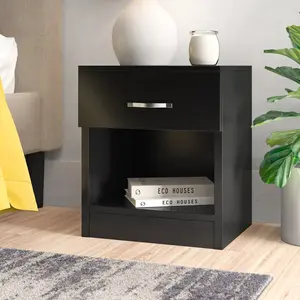 Maybery 1 Drawer Bedside Table With Open Shelf, Bedroom Storage Cabinet Black