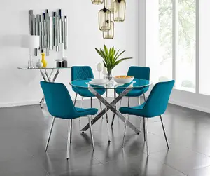 Furniturebox UK Novara 120cm Round Dining Table and 4 Blue Pesaro Silver Leg Chairs