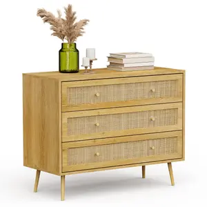 VonHaus Chest of Drawers for Bedroom, Scandi Style Natural Rattan 3 Drawer Organiser, Wicker Dresser for Bedroom & Living Room