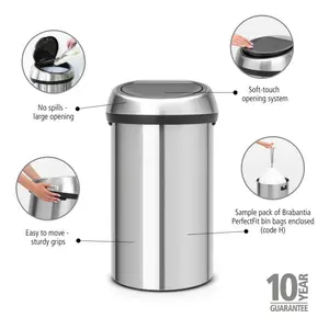 Brabantia 60 Litre Touch Bin Matt Steel / Matt Steel