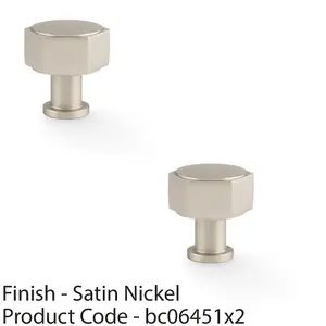 2 PACK - Industrial Hex Cabinet Door Knob - 33mm Satin Nickel Cupboard Pull Handle