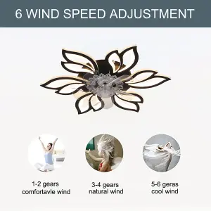 Black Modern Flower Shape Ceiling Fan with Light with Remote Control 65cm Dia