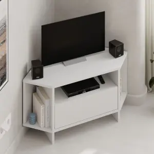 Decortie Modern Viva Corner TV Unit Shelf up to 40 Inch TVs Push to Open Storage Cabinet, 3 Open Shelf 95.7(W)cm White