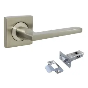 UNO Door Handle Satin Nickel Modern Lever on Square Rose Internal Handles + 64mm Latch