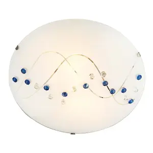 Contemporary Round Opal Glass Ceiling Light with Blue and Clear Crystal Buttons