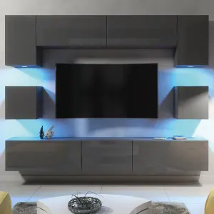 Panorama Wall TV Unit Dark Grey with High Gloss Doors and LED Lighting - Creative Furniture