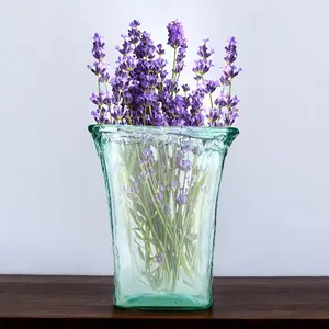 URBNLIVING 25cm Height Vintage Tall Vase Textured Glass Ribbed Rectangular Flower Holder Display