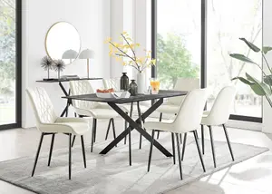 Furniturebox UK Leonardo Grey Glass Marble Effect Black Leg Table & 6 Cream Pesaro Black Leg Chairs