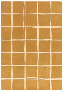 Gold Chequered Wool Modern Shaggy Handmade Rug For Living Room Bedroom & Dining Room-120cm X 170cm