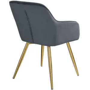 Chair Marilyn - with armrests, padded, velvet look, golden steel legs - dark gray/gold