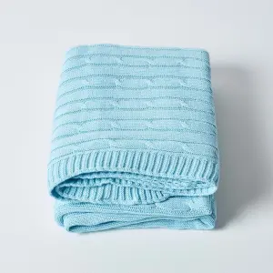 Homescapes Cotton Cable Knit Pastel Blue Throw, 150 x 200 cm