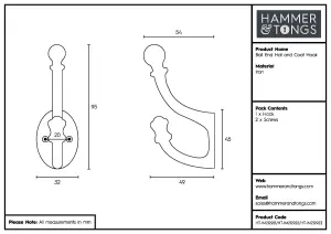 Hammer & Tongs - Ball End Hat & Coat Hook - W30mm x H95mm - Black