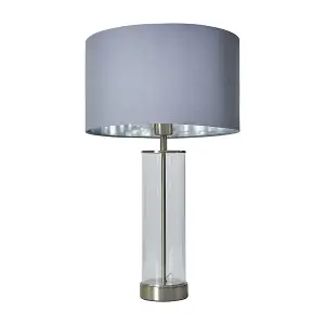 ValueLights Balan Brushed Chrome and Clear Tube Table Lamp with Grey Chrome Cylinder Shade