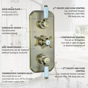 ENKI Regent Antique Brass Crosshead 2-Outlet Solid Brass Thermostatic Triple Shower Valve TSV044