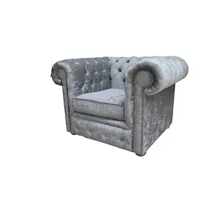 Chesterfield Low Back Club Chair Shimmer Silver Real Velvet Fabric In Classic Style