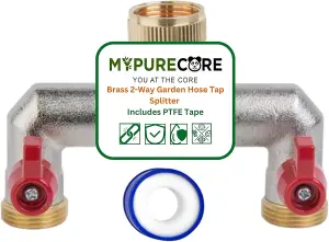 Brass 2-Way Garden Hose Tap Splitter with PTFE Tape  Durable three-quarts" Outdoor Tap Connector with Individual Valves