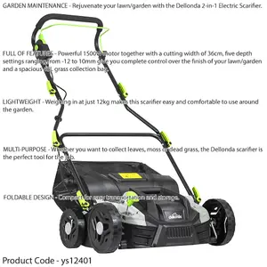 Powerful 1500W Electric Lawn Scarifier with 36cm Cutting Width and 45L Collection Bag