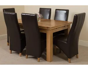 Richmond 140cm - 220cm Oak Extending Dining Table and 6 Chairs Dining Set with Lola Brown Leather Chairs