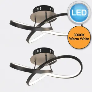 First Choice Lighting Set of 2 Matt Black LED Loop Ceiling Lights