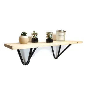 Solid Pine Rustical Shelf Primed Black Hairpin Bracket Style 20x70cm