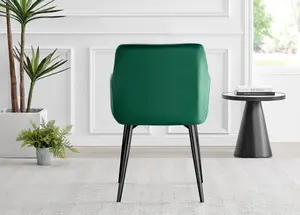 Set of 2 Calla Green Deep Padded High Arm Soft Touch Stitched Velvet Black Powder Coated Leg Dining Chairs