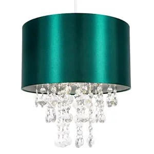 Modern Green Satin Fabric Pendant Light Shade with Transparent Acrylic Droplets