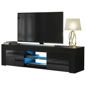 Loom TV Unit 130cm Black with High Gloss Doors and LED Lighting - Creative Furniture