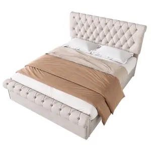 Modern Ottoman Velvet Double Bed Frame 4FT6 Tufted Headboard with Large Under Bed Storage Beige Cream 135x190cm