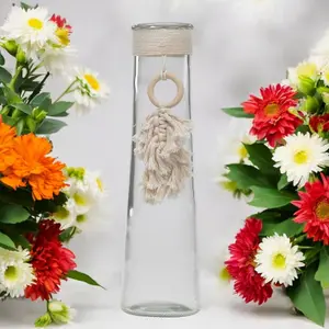 URBNLIVING 32cm Height Clear Glass Vase With Macrame Tassel Flowers Decor Centrepiece Gift